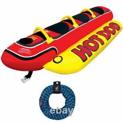 AIRHEAD Hot Dog Inflatable 3 Person Boat Lake Tube with Towing Rope 60 Feet Long