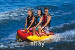 AIRHEAD Hot Dog Inflatable 3 Person Boat Lake Tube with Towing Rope 60 Feet Long