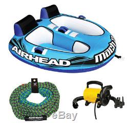Airhead Mach 2 Inflatable 2 Rider Water Towable Tube with 50-60' Tow Rope & Pump