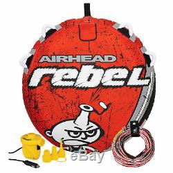 Airhead Rebel 54 Inch 1 Person Durable Red Towable Tube Kit with Rope and 12V Pump