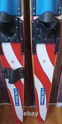 Vintage Wooden Waterskis By Taperflex, Made In USA, Stars And Stripes 1970's